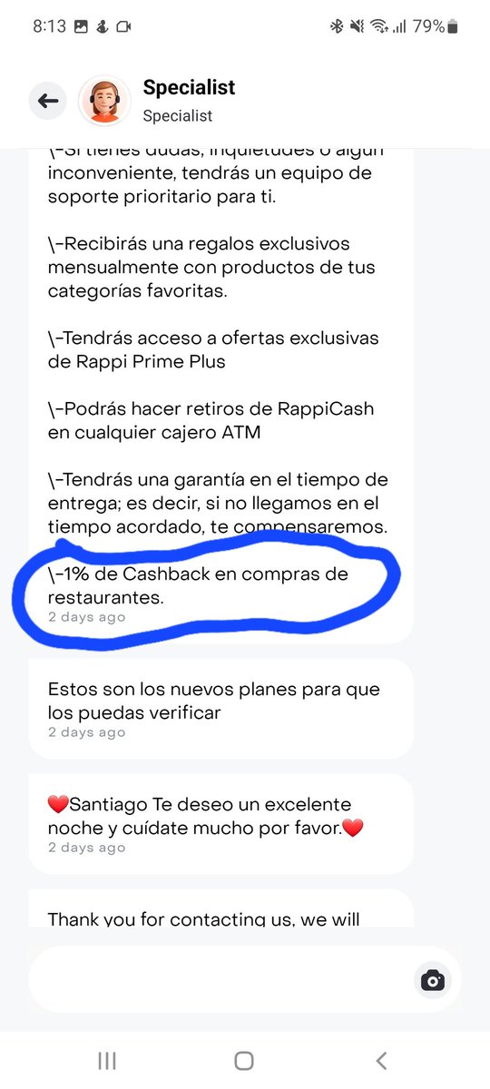 Sagase17's tweet photo. @RappiColombia @iFoodCo Acá adjunto que pueden llegar a contradecirse en un mismo chat y además que el servicio premium que ofrecen 24/7 de servicio al cliente puede tomar varios días o meses en hacerse efectivo incluso con la rappicard. https://t.co/IsWxx0UGv6