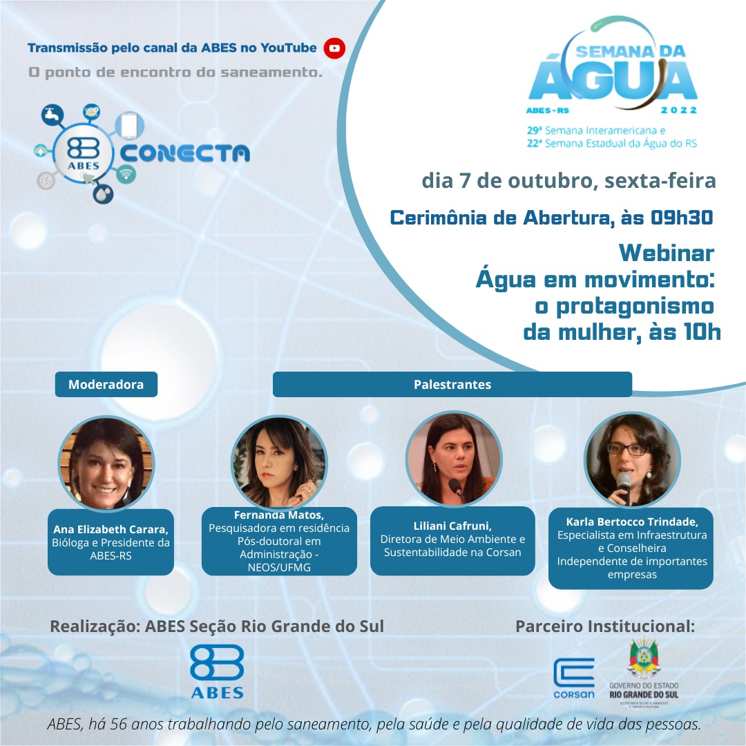 abes_dn's tweet photo. ABES-RS💦 | Confira os eventos online da Semana da Água do RS 2022 no #ABESConecta. Serão quatro encontros. Confira e marque lembrete no YouTube. https://t.co/TQHM3ydiiS
