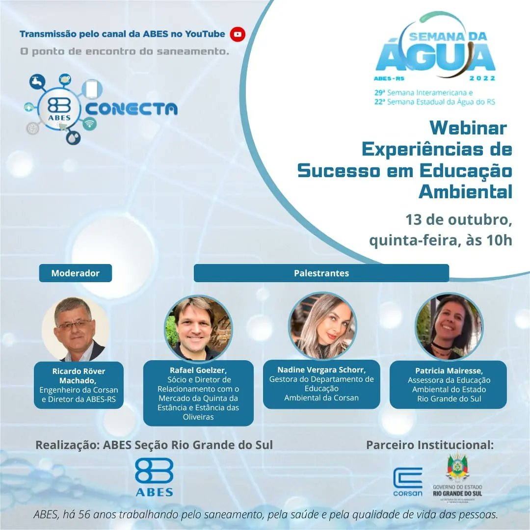 abes_dn's tweet photo. ABES-RS💦 | Confira os eventos online da Semana da Água do RS 2022 no #ABESConecta. Serão quatro encontros. Confira e marque lembrete no YouTube. https://t.co/TQHM3ydiiS