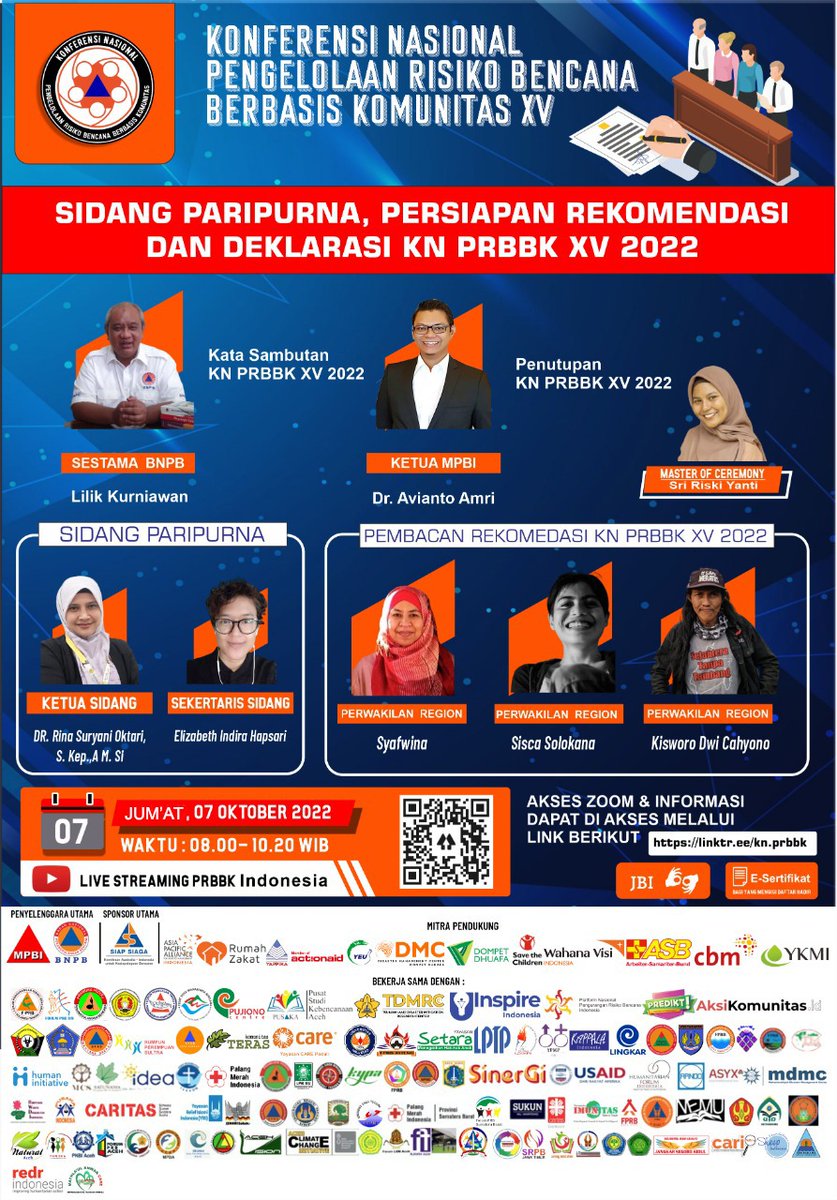 [UNDANGAN TERBUKA]
Acara Penutupan
Konferensi Nasional Pengelolaan Risiko Bencana Berbasis Komunitas (KNPRBBK) XV Tahun 2022

Jum’at, 7 Oktober 2022

Zoom: bit.ly/SidangKNPRBBK

ID: 891 9439 4892 
Passcode: 449174

🕐 Waktu:
08:00–10.00 WIB

#webinar #webinargratis