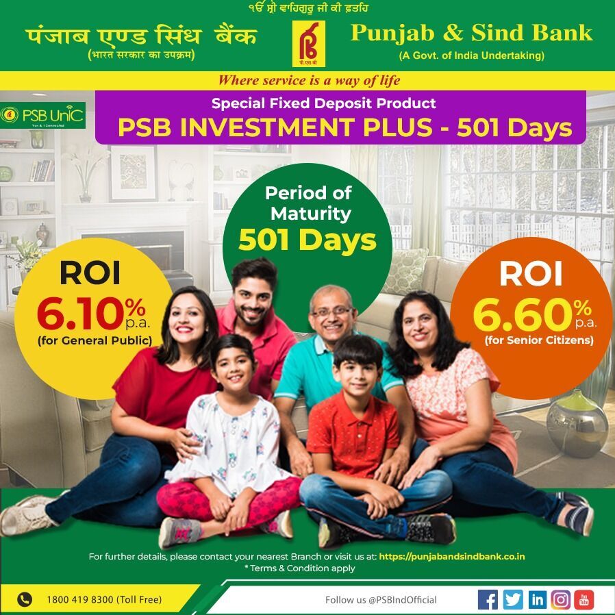 PSBIndOfficial's tweet photo. The most lucrative Fixed Deposit Product of the Bank: PSB Investment Plus-501 Days.
#PSB #PunjabAndSindBank #PSBFixedDeposit https://t.co/g89pSegPcI