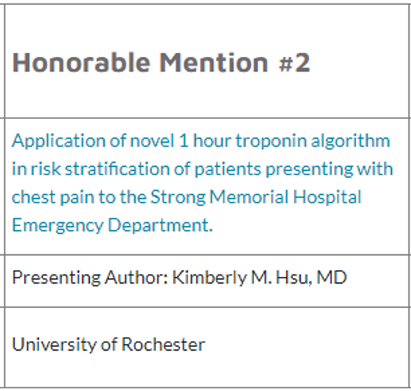 Amy Blatt, MD, FACP (she/her) (@amyblattmd) on Twitter photo Congrats to <a href="/URMCInternalMed/">URMC Internal Medicine Residency</a> resident Dr. Kimberly Hsu for Honorable Mention for her work on risk stratification of chest pain using a novel troponin algorithm at the ACC Quality Summit! Thanks to URMC cardiologist <a href="/andrewmathias/">Andrew Mathias</a> for his mentorship. <a href="/ACCinTouch/">American College of Cardiology</a> <a href="/URMC_DeptMed/">URMC Department of Medicine</a> Congrats to <a href="/URMCInternalMed/">URMC Internal Medicine Residency</a> resident Dr. Kimberly Hsu for Honorable Mention for her work on risk stratification of chest pain using a novel troponin algorithm at the ACC Quality Summit! Thanks to URMC cardiologist <a href="/andrewmathias/">Andrew Mathias</a> for his mentorship. <a href="/ACCinTouch/">American College of Cardiology</a> <a href="/URMC_DeptMed/">URMC Department of Medicine</a>