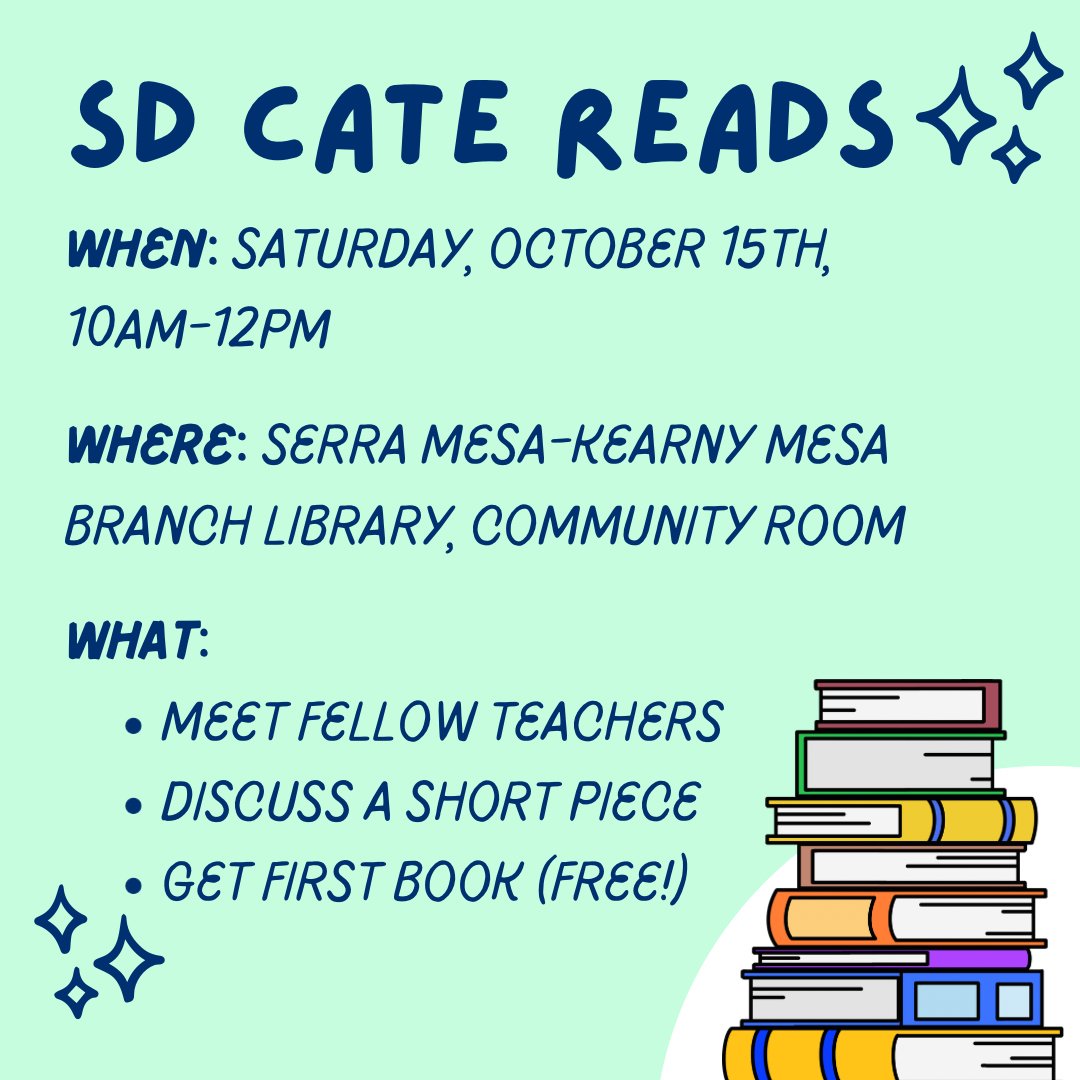 SD_CATEreads's tweet photo. Come to the Serra Mesa-Kearny Mesa Branch Library community room, 10am on Saturday 10/15, for our first meeting back!

Stay tuned for our book announcement📚

@SD_CATE @CATE_California 
@ncte https://t.co/itNNKFHo4m