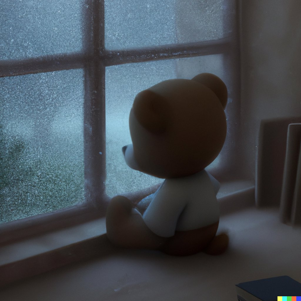 ADORABLE_DALL_E's tweet photo. "Teddy bear stares out the window on a rainy foggy day, digital art" https://t.co/9TYJCuWECj