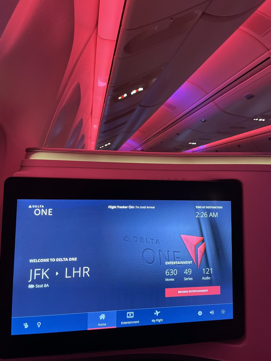 Setting the mood up here in DeltaOne on my way to #London . These suites have HUGE screens packed with IFE! #delta #avgeek #Travel