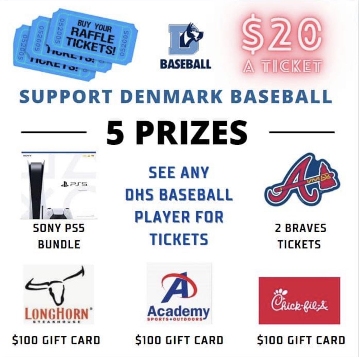 DanesClub's tweet photo. Denmark Baseball Raffle! 5 Great Prizes… see any baseball player for tickets! Thanks for your support… #danenation #denmarkhs https://t.co/q0Fo8lwSDK