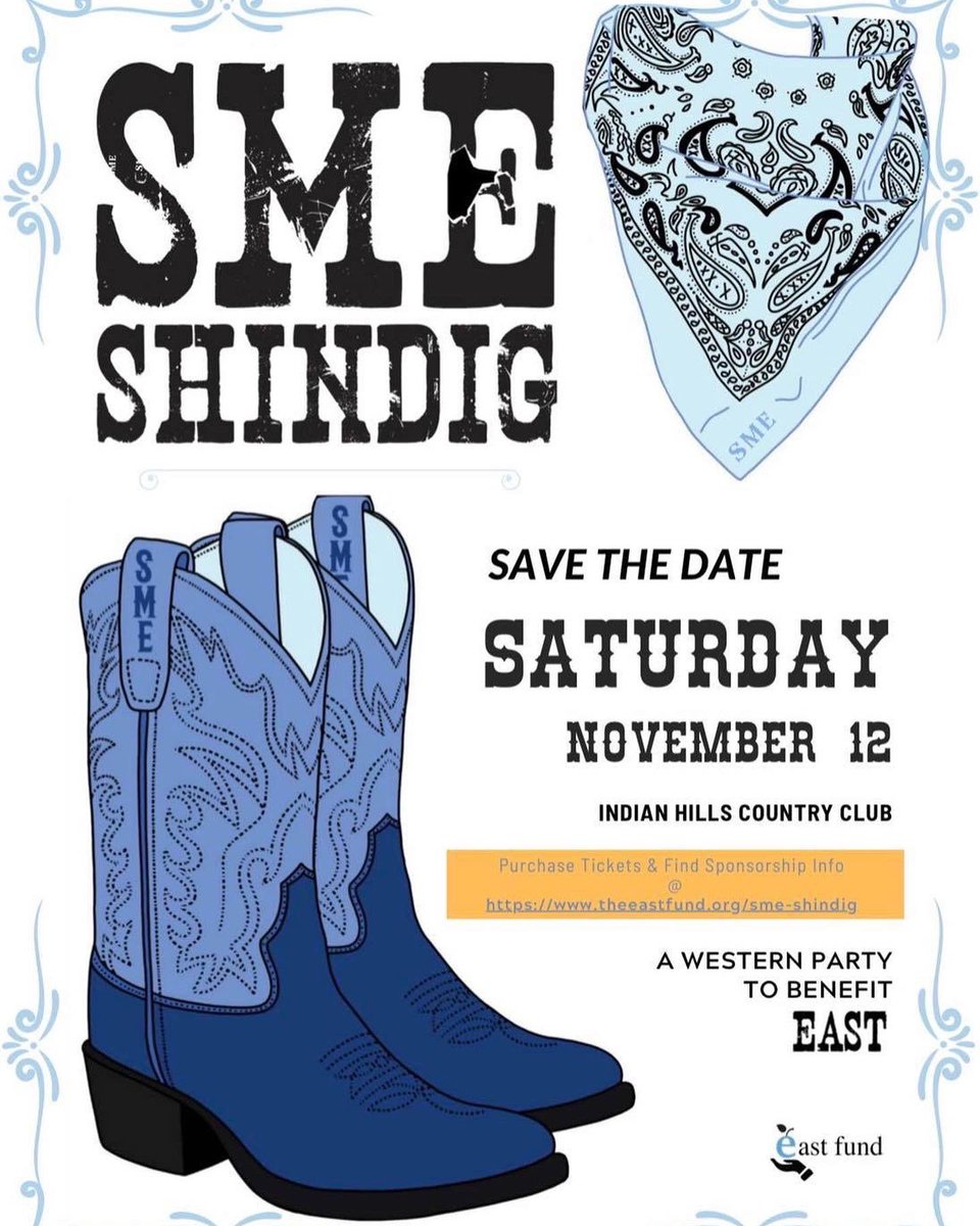 EastFund's tweet photo. Giddy up and get your tickets for the SME Shindig on Saturday, November 12 at Indian Hills Country Club. This FUN Western party will feature live music from Perpetual Change, heavy hors d’oeuvres, and a silent and live auction. 

🎟Get your tickets: https://t.co/JPSoBTsjNU https://t.co/FmKMFxTSHX