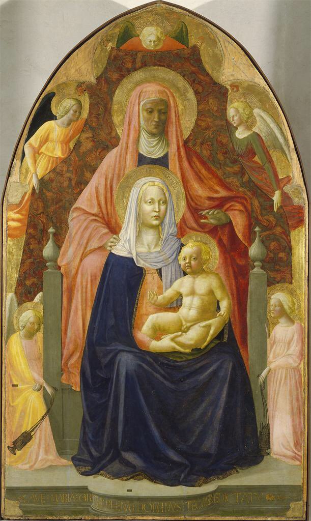 PP_Rubens's tweet photo. Solemn and forbidding Saint Anne Trinity, 1424. Granny is not a benign person. Mum is detached. Baby J is nervous. By Masolino, whose day was today. https://t.co/TjZsnb4Ywx