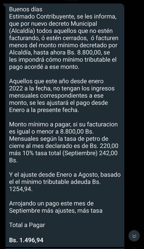 mjgd27's tweet photo. Desde Soluciones Para Venezuela rechazamos totalmente las nuevas medidas tributarias impuestas por la alcaldía de Piar, donde está obligando a los comerciantes a declarar un monto mínimo de 8.800bs, y cancelar un ajuste de enero a agosto de 1254,94bs.@gjgg24gmailcom1 https://t.co/x9D9PHq7m8
