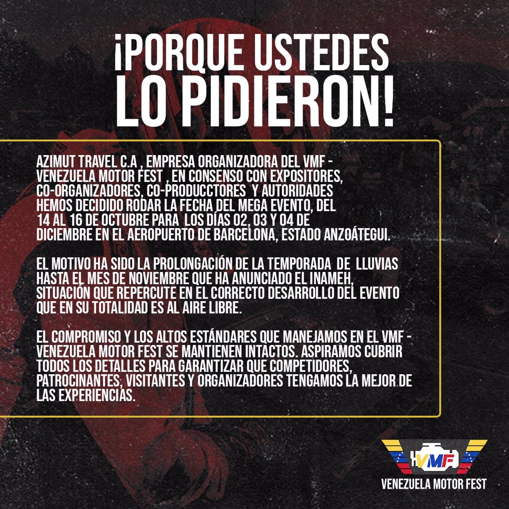 VzlaMotorFest's tweet photo. Nueva Fecha 02,03 y 04 de Diciembre 🔥🔥 https://t.co/9Lj0EHwwqa