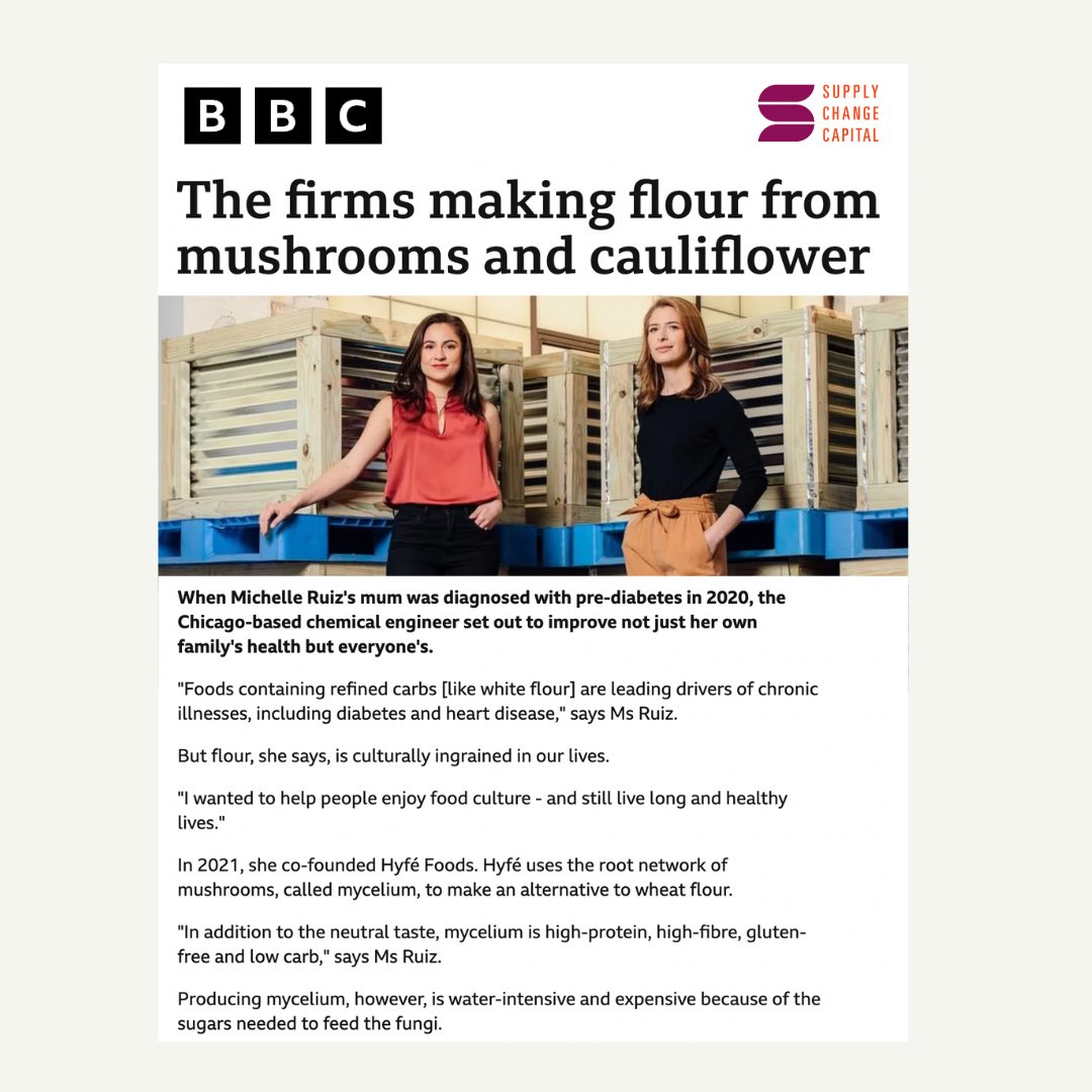 Shoutout Hyfe Foods! Featured in BBC News (<a href="/BBCBreaking/">BBC Breaking News</a>) as one of the firms making flour from mushrooms and cauliflower. Hyfé uses the root network of mushrooms, called mycelium, to make an alternative to wheat flour.