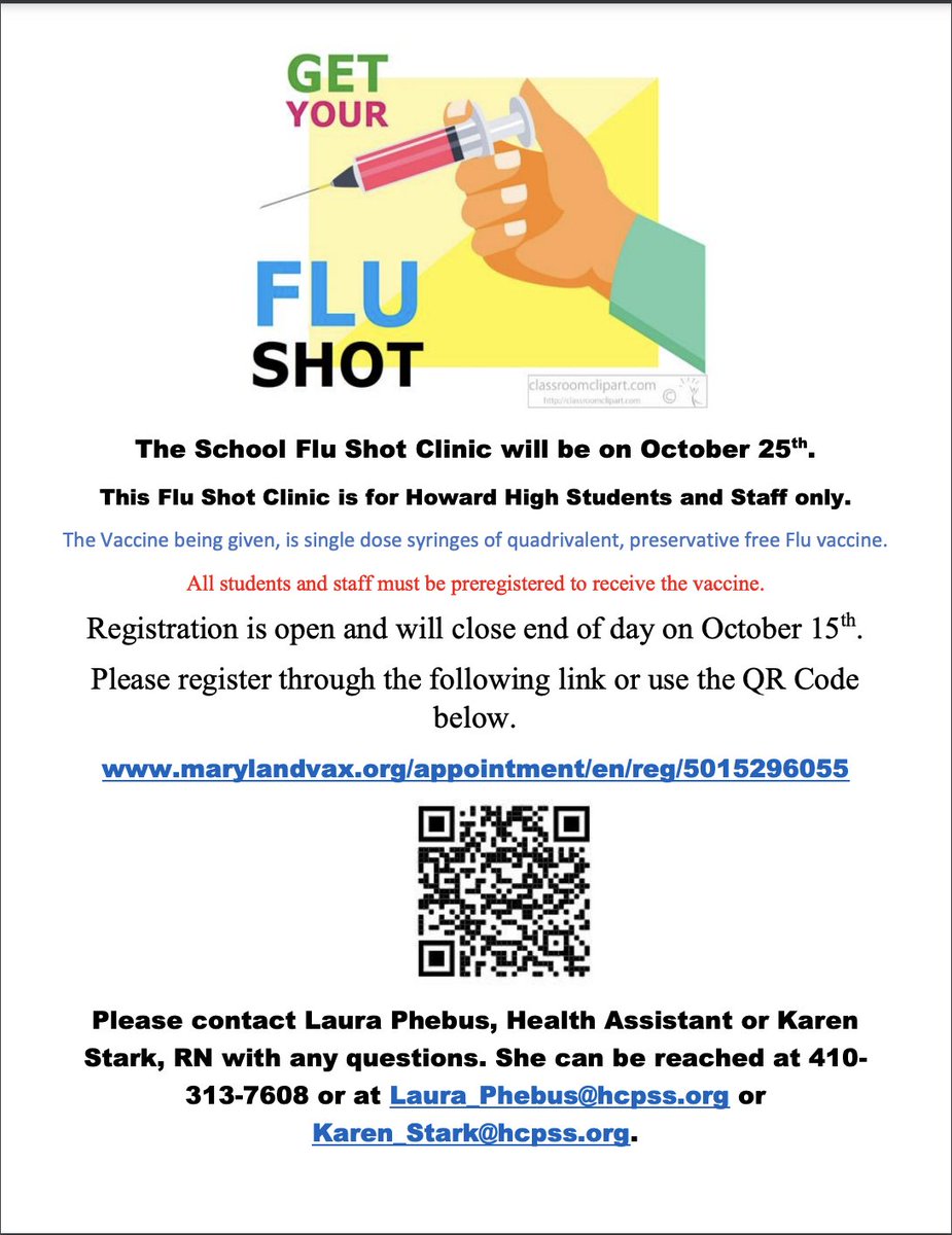 Flu vaccine clinic at Howard High School!
Maryland Partnership for Prevention, in partnership with the Howard County Health Department and Howard County Public Schools, will be hosting a flu vaccine clinic at HOHS on Tuesday, October 25.