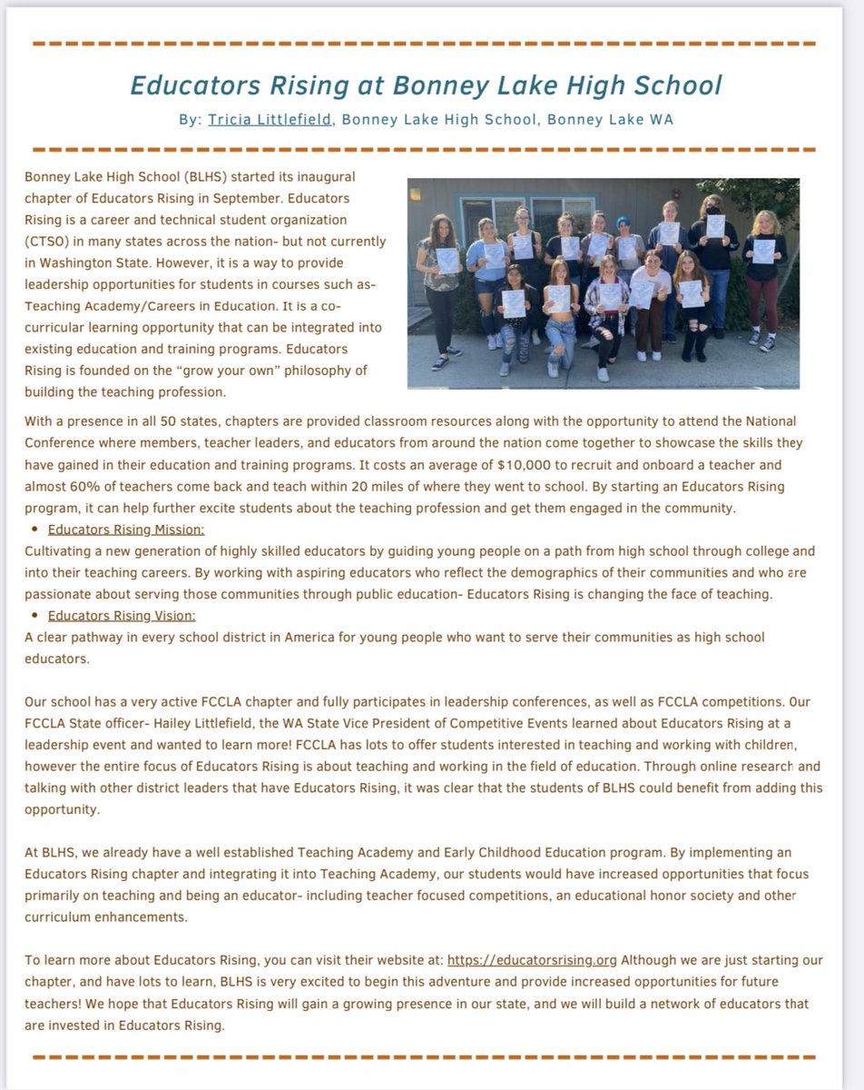 BLHSedrising's tweet photo. WA FACSE Newsletter article promoting Educators Rising! @SumnerSDCTE @WA_FACSE @tlittlef22 https://t.co/WCAX5XJI9o