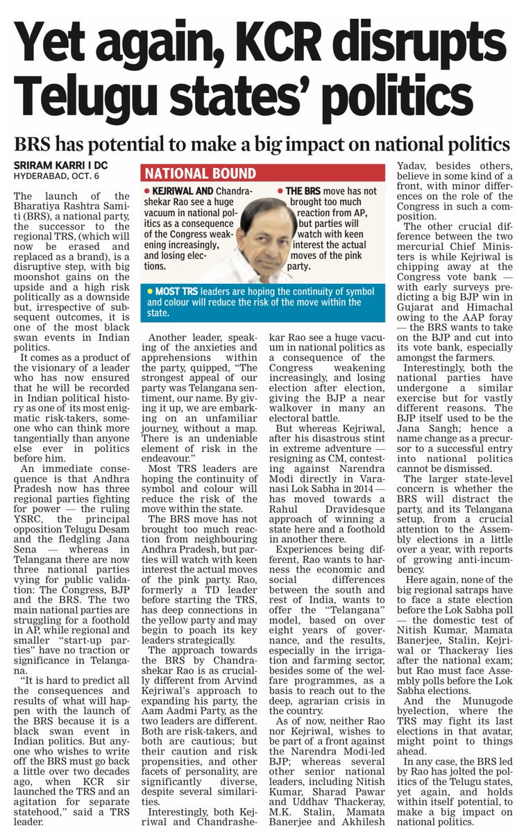 oratorgreat's tweet photo. Yet again, #KCR disrupts #Telugu state politics with #BRS - Andhra Pradesh has 3 regional parties, Telangana 3 national parties fighting for power. My analysis on #TRS name change @DeccanChronicle https://t.co/VfhoRnBssZ