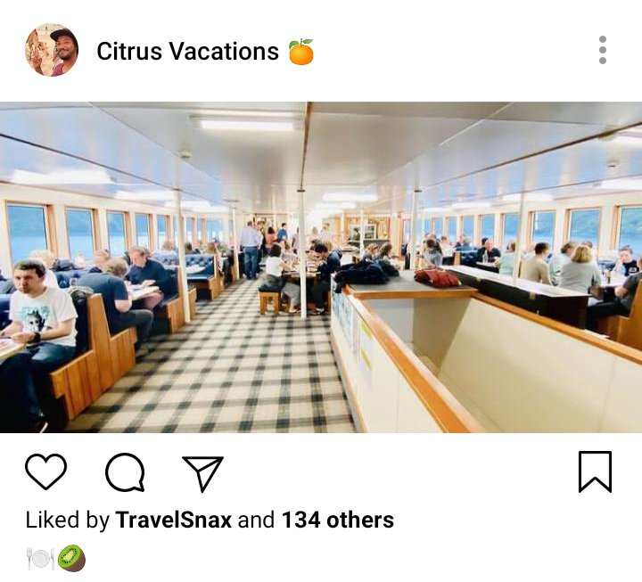 Roach's IG. Photo of Fiordland Navigator food Hall. Caption reads "🥝🍽️" 