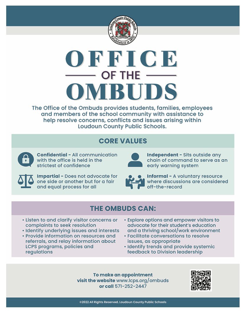 We recently hired our first ever Ombudsman, who is there to assist in conflict resolution and address complaints related to LCPS. A number of Broad Run District residents have already benefitted from Ms. Williams- please see her contact info below!