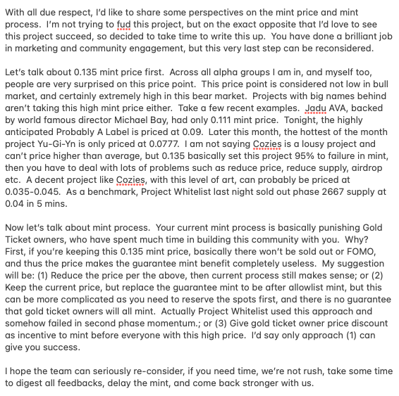 0xAndy_eth's tweet photo. Big red flag, @CoziesOfficial kicked me out without any notice after I shared perspectives on its 0.135 mint price with 10K supply (the note was not fud or disrespect at all, attached is what I shared). I earned the highest level of role and this is where the project ended me. https://t.co/4DKLu9eslm