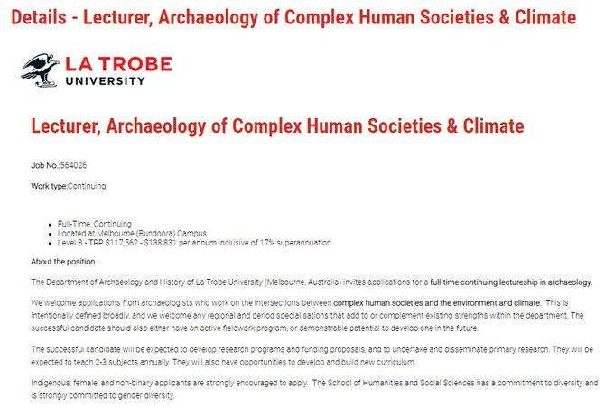LTUArchaeology's tweet photo. Come and work with us! We're hiring 2 Lecturers - both full-time, continuing and Level B

Lectureship in the Archaeology of Aboriginal Australia: https://t.co/0ZAfUt0EAl

Lectureship in the Archaeology of Complex Societies &amp; Climate: https://t.co/hdkcTQfG7M

Deadline Nov 20th https://t.co/SAvwcBWkFj