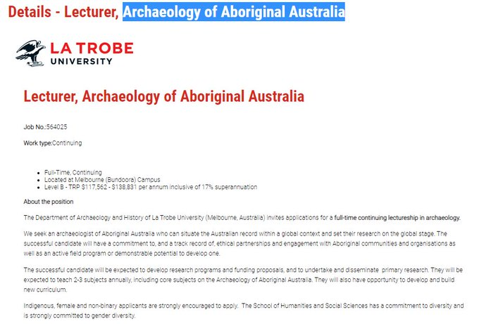 LTUArchaeology's tweet photo. Come and work with us! We're hiring 2 Lecturers - both full-time, continuing and Level B

Lectureship in the Archaeology of Aboriginal Australia: https://t.co/0ZAfUt0EAl

Lectureship in the Archaeology of Complex Societies &amp; Climate: https://t.co/hdkcTQfG7M

Deadline Nov 20th https://t.co/SAvwcBWkFj
