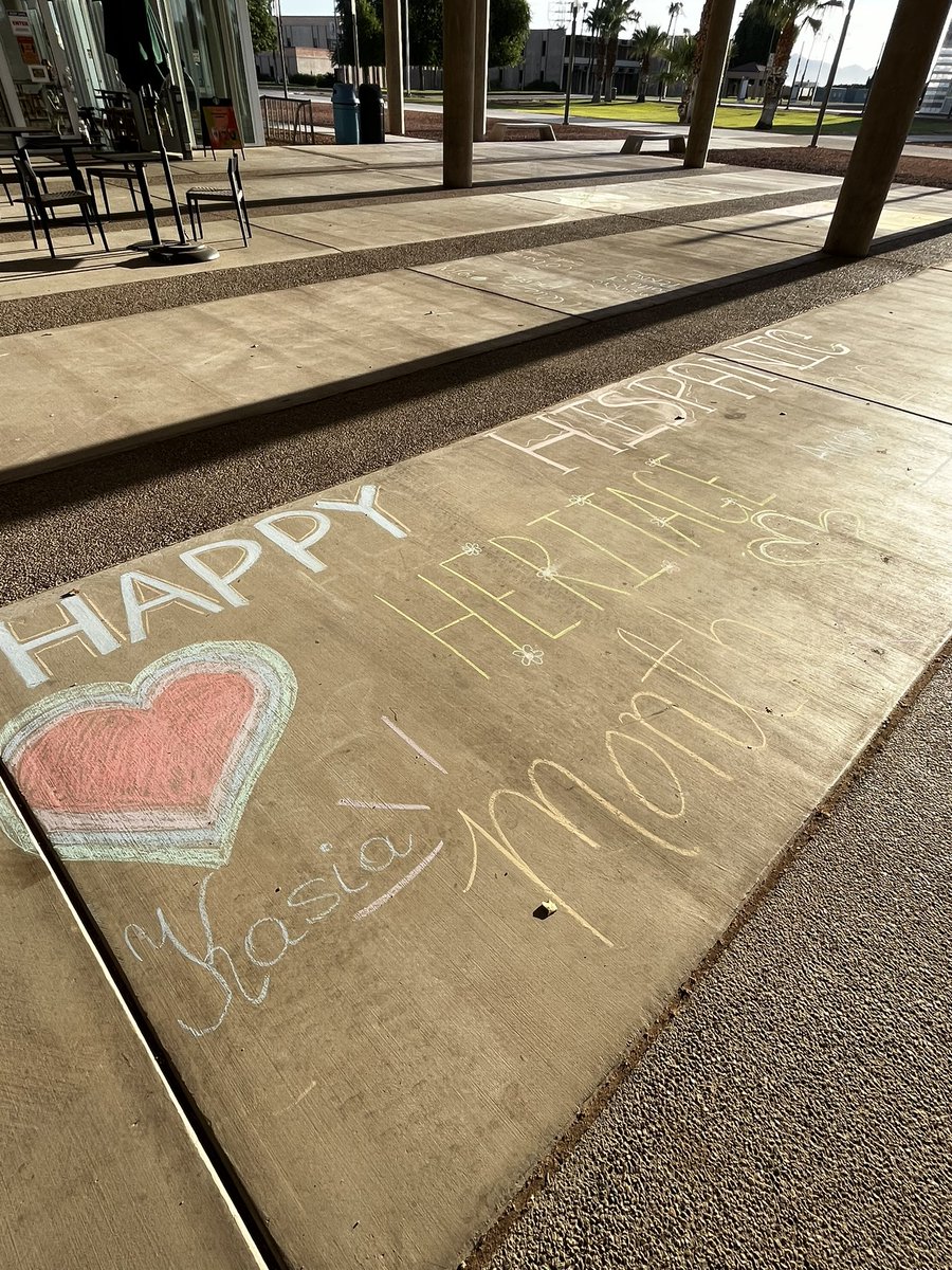 abrooke85's tweet photo. National Hispanic Heritage month includes #chalkmurals with local  @ASU, @NAUYuma and @uarizona students! The morning sun really makes the yellow pop! 
@ArizonaWestern is a proud #hispanicservinginstitution with a 72% Hispanic student population! 
#transforminglives https://t.co/34NePFnGpY
