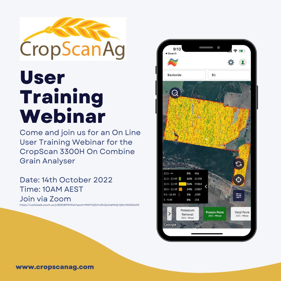cropscan's tweet photo. It’s that time of year again! CropScan users new and old are invited to online CropScan user training. Refresher on user interface and calibration.

Friday 14th Oct at 10am AEST on Zoom. #cropscan #protein #harvest22 #measure #manage #grow 

https://t.co/z8pWln23Cr https://t.co/eH8m5rwPpE