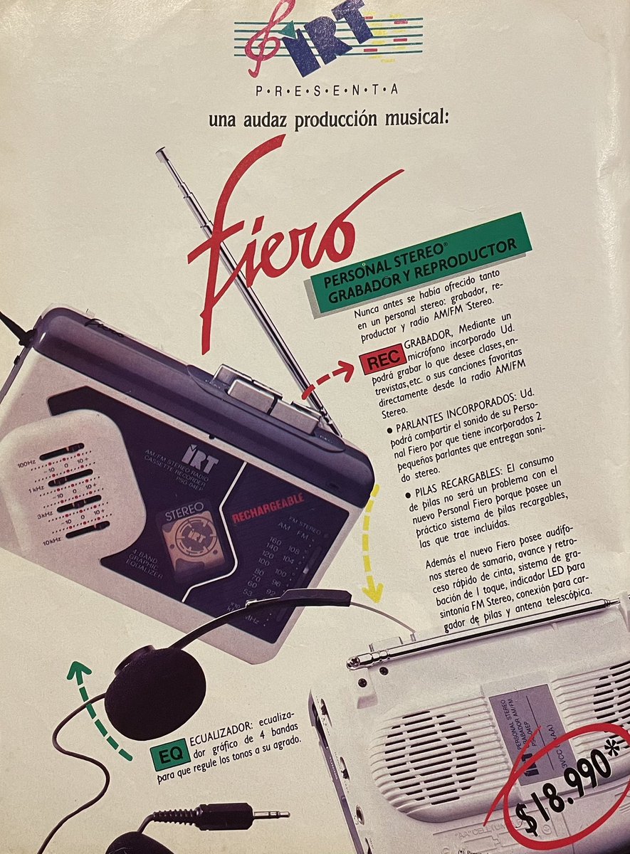IsmaelDJRetro's tweet photo. Alguien conserva aún un ejemplar de este #PersonalStereo #IRT así lo promocionaban en 1988 a través de revistas y diarios en #Chile #ElPoderDeLosClásicos https://t.co/iSR9P6sZ78 https://t.co/PT4Vf0lanh