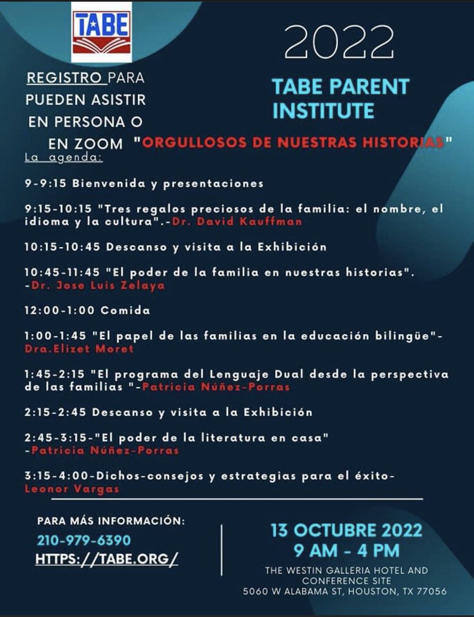 El instituto de TABE para padres/familias ya es la próxima semana. El evento es completamente gratis para nuestros padres. Por favor compartan la información. 

fs2.formsite.com/TABE/6azjqxvqq… 

TABE Parent Institute is next week! This is a free event for all of our parents! Please share