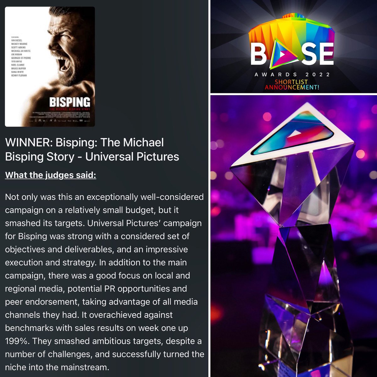 AdamScoreG's tweet photo. Proud to announce @BispingDoc won the UK Base Award for “Campaign Of The Year”  

LINK: https://t.co/vjtyxMxtim

WHAT THE JUDGES SAID
“Not only was this an exceptionally well-considered campaign on a relatively small budget, but it smashed its targets. 

#BispingDoc #AwardWinning https://t.co/QaoUvOVXm4