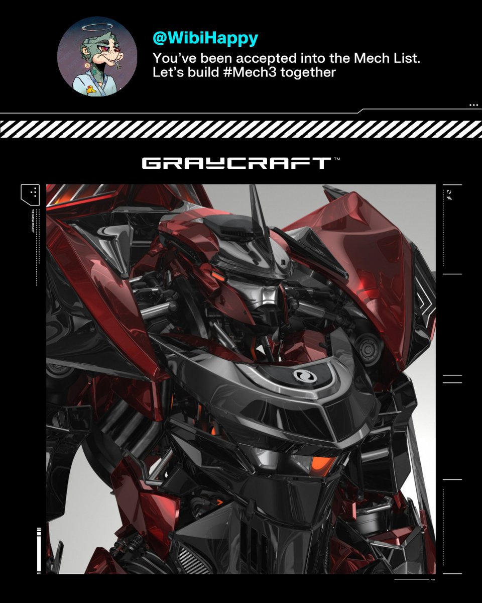 graycraftbot's tweet photo. Congratulations WibiHappy! You've been accepted into the Mech List.

We've given you powers to nominate valuable members into the GCU. Generate your referral code here: https://t.co/khQFkyFY5H

Here's the Omega you chose for your first mission.

Let's build Mech3 together. https://t.co/wHo3LkfBPk