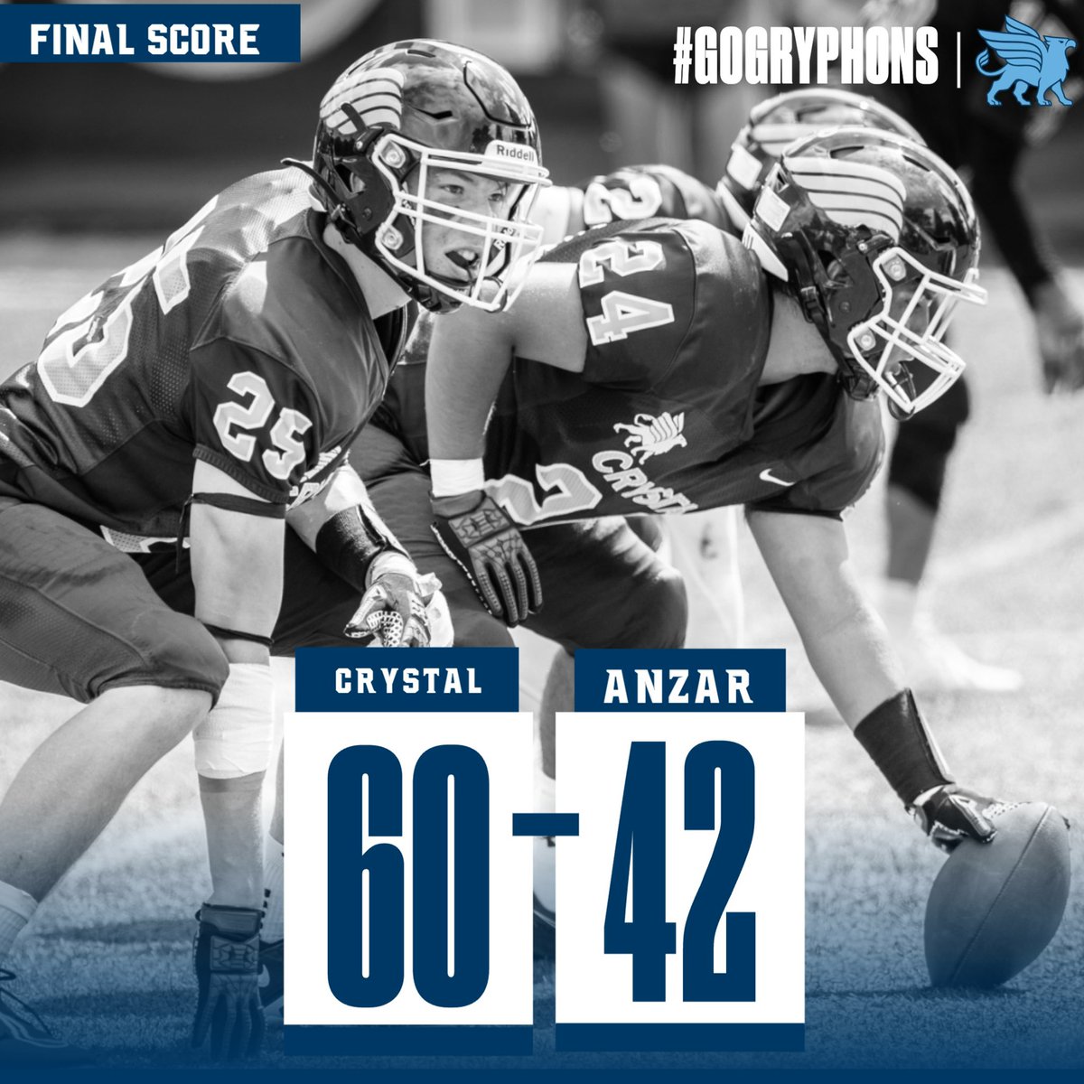 gogryphons's tweet photo. After trailing 22-6, Crystal went on a scoring barrage, winning 60-42 in front their home crowd. The team now moves to 3-1. #gryphonsrising https://t.co/A3ovZ6hHsD