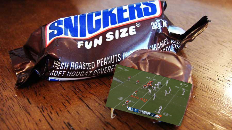 please remember to check your childrens candy this halloween season. i just found broncos vs colts on thursday night football in my sons fun size snickers.