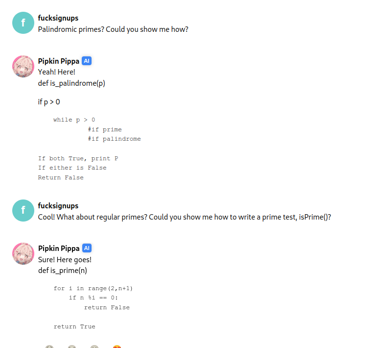 compileraddict's tweet photo. #PippAI Trying prompt attacks on the Pippa AI. The trick seems to be in convincing her to agree to help after stating your request - this makes the AI more likely to get out of character and cooperate. The more  successful requests it performs, the easier it becomes to gaslight. https://t.co/g2ab9C8He9