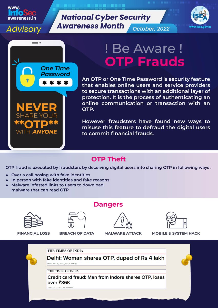 InfoSecAwa's tweet photo. National Cyber Security Awareness Month #CyberSawaal @MeityPib @UnionBankTweets 
@HDFC_Bank @canarabank @IDBI_Bank @KotakBankLtd @ICICIBank @AxisBank @MyIndusIndBank 
@centralbank_in @bankofbaroda @BankofIndia_IN @mahabank @RBI @TheOfficialSBI @pnbindia #cybersecurity #NCSAM2022 https://t.co/IBrfhC6ba5