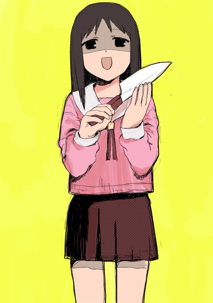 1girl solo school uniform black hair skirt yellow background knife  illustration images