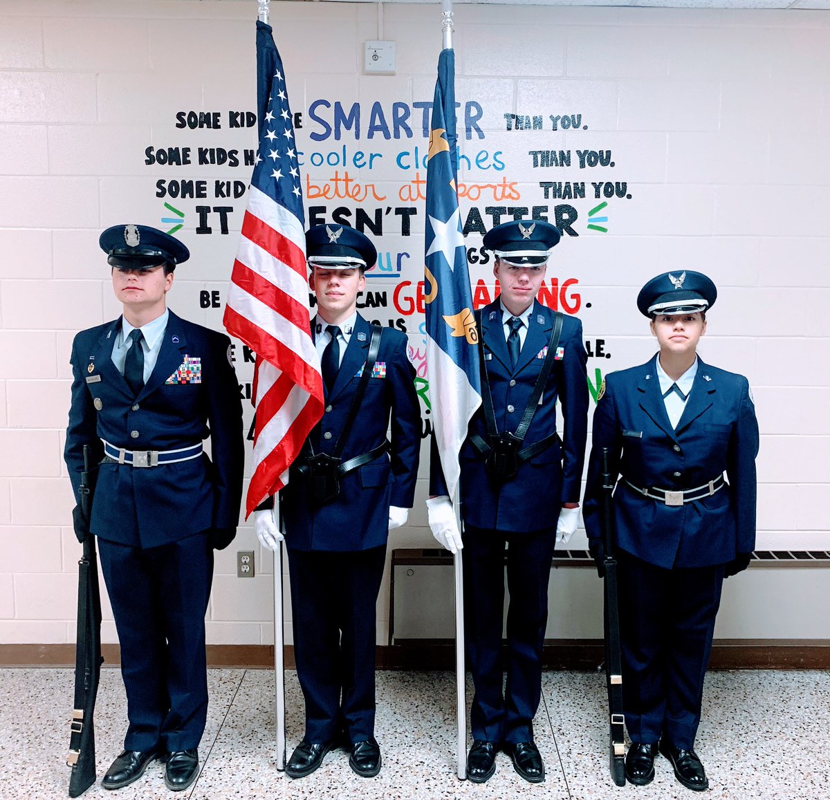 THSAirpower's tweet photo. Hello NC-075. Cadets visited Junaluska Elementary school this past Tuesday; presented the colors and provided flag training too. Alpha Flight once again assisted with flag training. Great job cadets! #THSAirpower #NC075 #thsafjrotc https://t.co/DmjIYh26cR