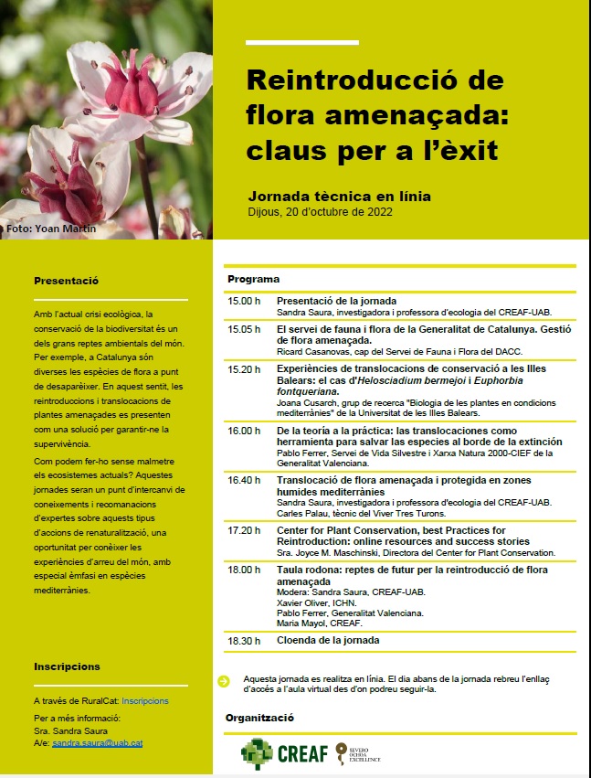 El proper dijous 20 d'octubre a la tarda una interessant jornada en línia sobre les claus per a l'èxit en la reintroducció de flora amenaçada Programa: bit.ly/3fIBjIR Inscripció: bit.ly/3CFkV51