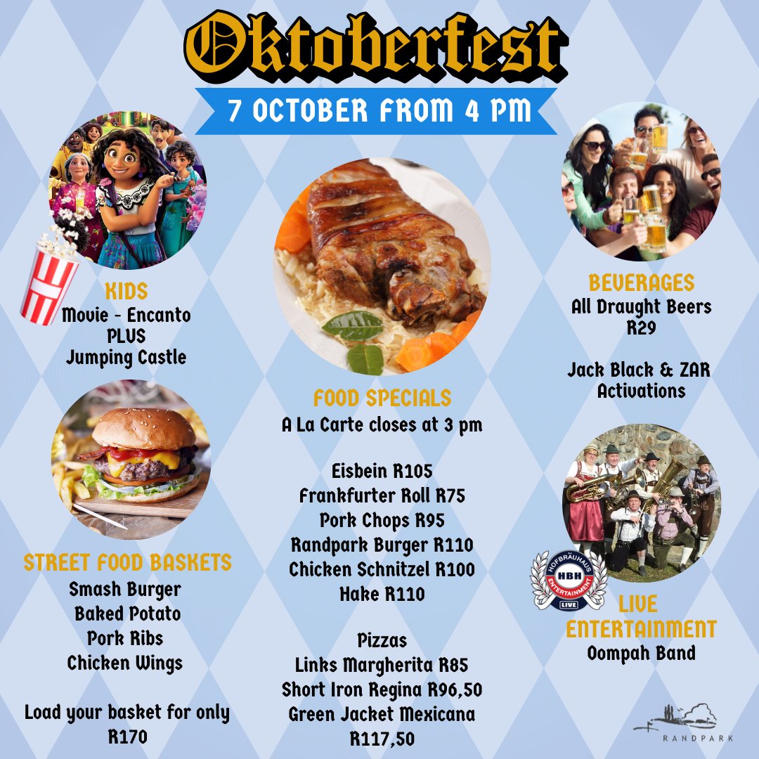 RandparkGolf's tweet photo. 🔊It's Friday! 
Are you ready for Randpark Club's Oktoberfest?
It will be silly not to go 🍻🥨
#randparkclub #thegoodlife #oktoberfest #thisisamust #kidsmovie #jumpingcastle #streetfoodbaskets #foodspecials #drinkspecials #oompahband https://t.co/a9fGFXo9xZ