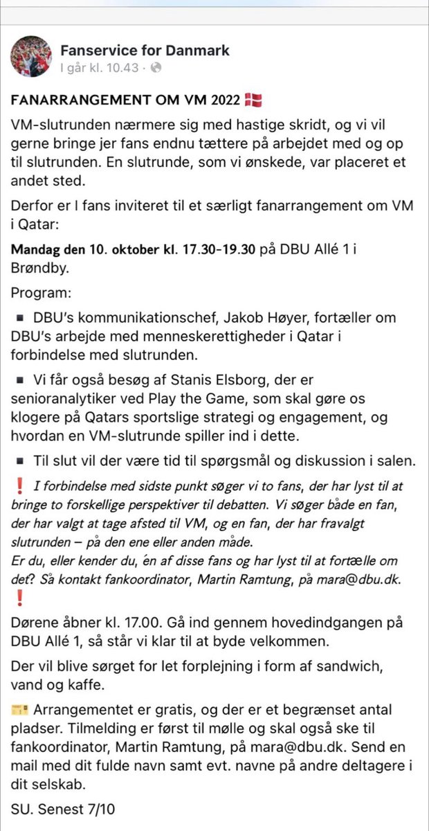 Sidste frist for tilmelding til mandagens VM-fanarrangement er i dag ⚽️ 
Det er fuldstændig gratis. Skriv til mara@dbu.dk for tilmelding.