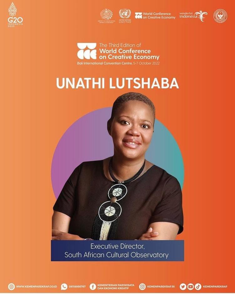 SACulturalObs's tweet photo. SACO Executive Director, Ms Unathi Lutshaba was invited to participate and deliver a speech at the 3rd World Conference on Creative Economy currently underway in Bali, Indonesia 5-7 October 2022.
#SACO #globalrecovery #creativeeconomy #inclusivelycreative #wcce2022 #G20Indonesia https://t.co/Rd37O0ST9T