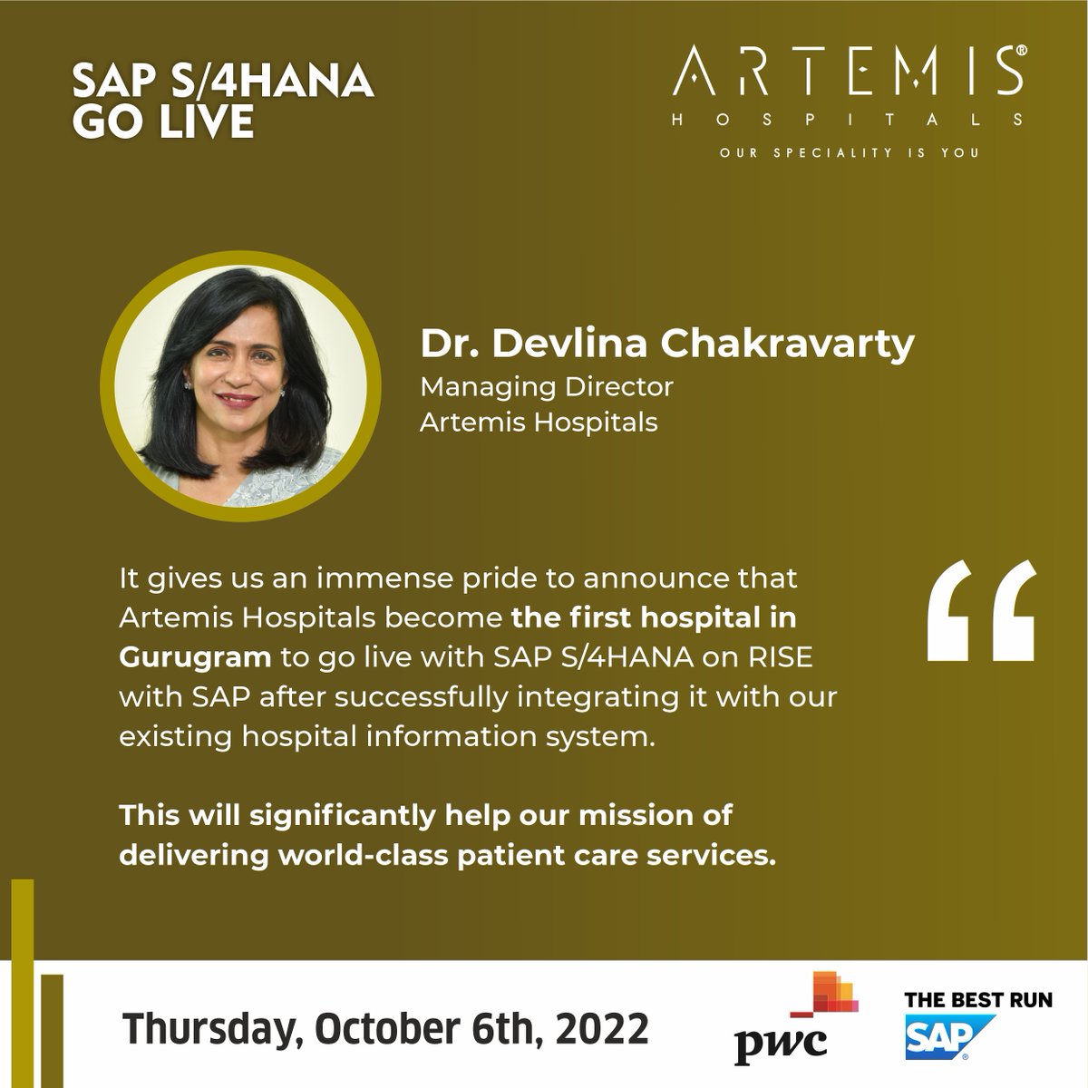 HospitalArtemis's tweet photo. It gives us an immense pride to announce that #ArtemisHospitals become the first hospital in Gurugram to go live with SAP S/4HANA on RISE with #SAP after successfully integrating it with our existing hospital information system.
#WorldClassTechnology #PatientCareServices https://t.co/gKFfpYL1OJ