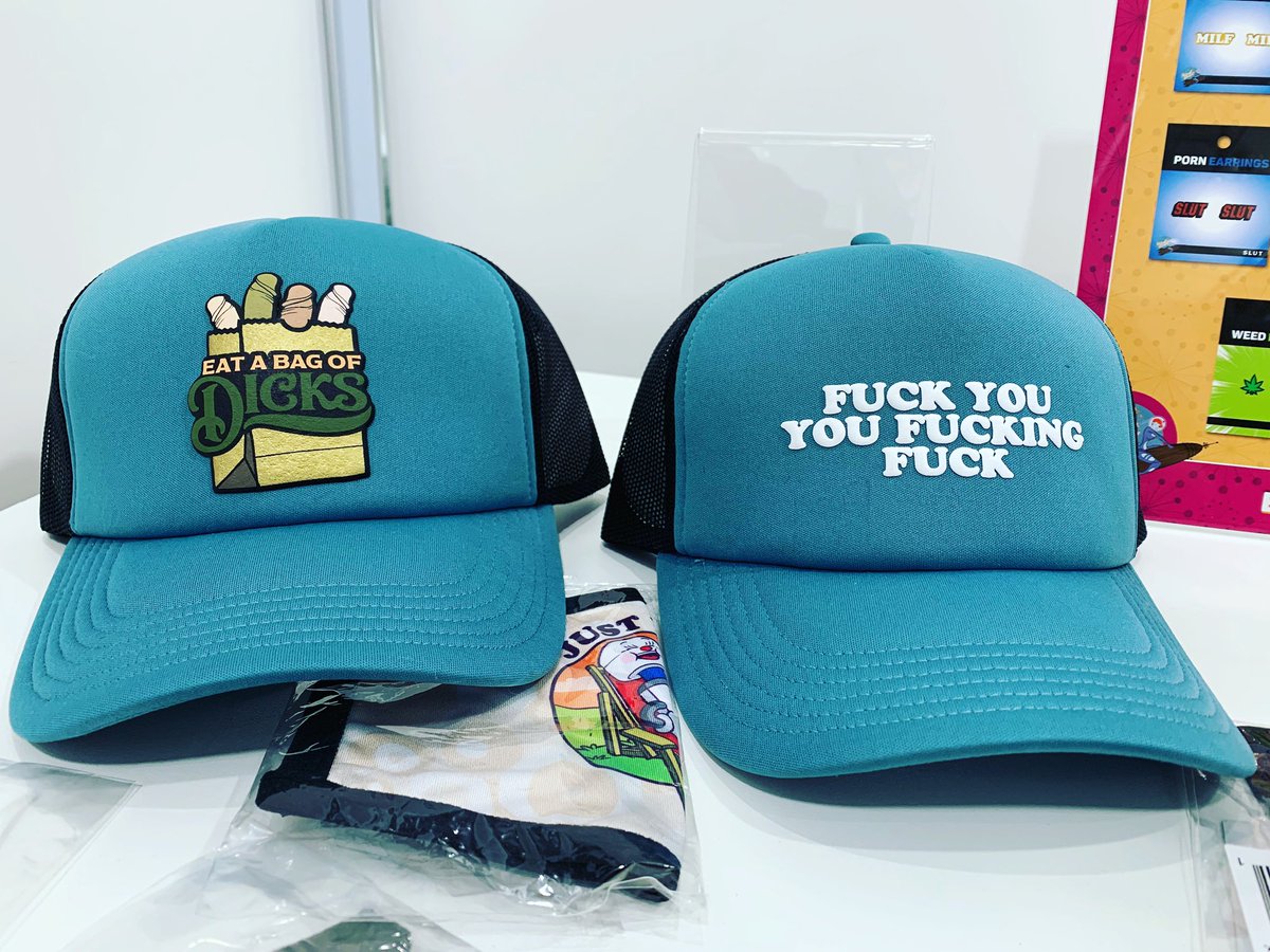 Day 2 of EroFame adult novelty expo. Which @Wood_Rocket prototype hat should I wear today? Eat a Bag of Dicks or Fuck You You Fucking Fuck?