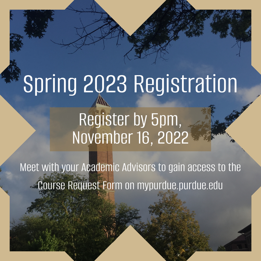 FVSPurdue's tweet photo. #Purdue Spring 2023 Class Schedule has been released! Be sure to schedule a registration meeting with your advisor and sign up for the classes you want. This week #FVSPurdue will focus on courses that are likely to interest #FVSBoilers. @PurdueLibArts @PurdueRegistrar @PurdueSis https://t.co/p6s3ZDacEh