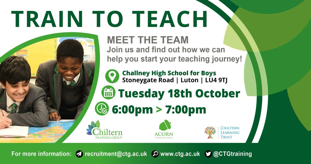 Mr R (@mrrteaching) on Twitter photo Interested in becoming a teacher? Then the staff <a href="/CTGtraining/">Chiltern Training Group (CTG)</a> are looking forward to speaking to you. Come along and find out more to our Meet and Greet and get some great advice on your best route and how to train with an outstanding provider. #traintoteach #getintoteaching Interested in becoming a teacher? Then the staff <a href="/CTGtraining/">Chiltern Training Group (CTG)</a> are looking forward to speaking to you. Come along and find out more to our Meet and Greet and get some great advice on your best route and how to train with an outstanding provider. #traintoteach #getintoteaching