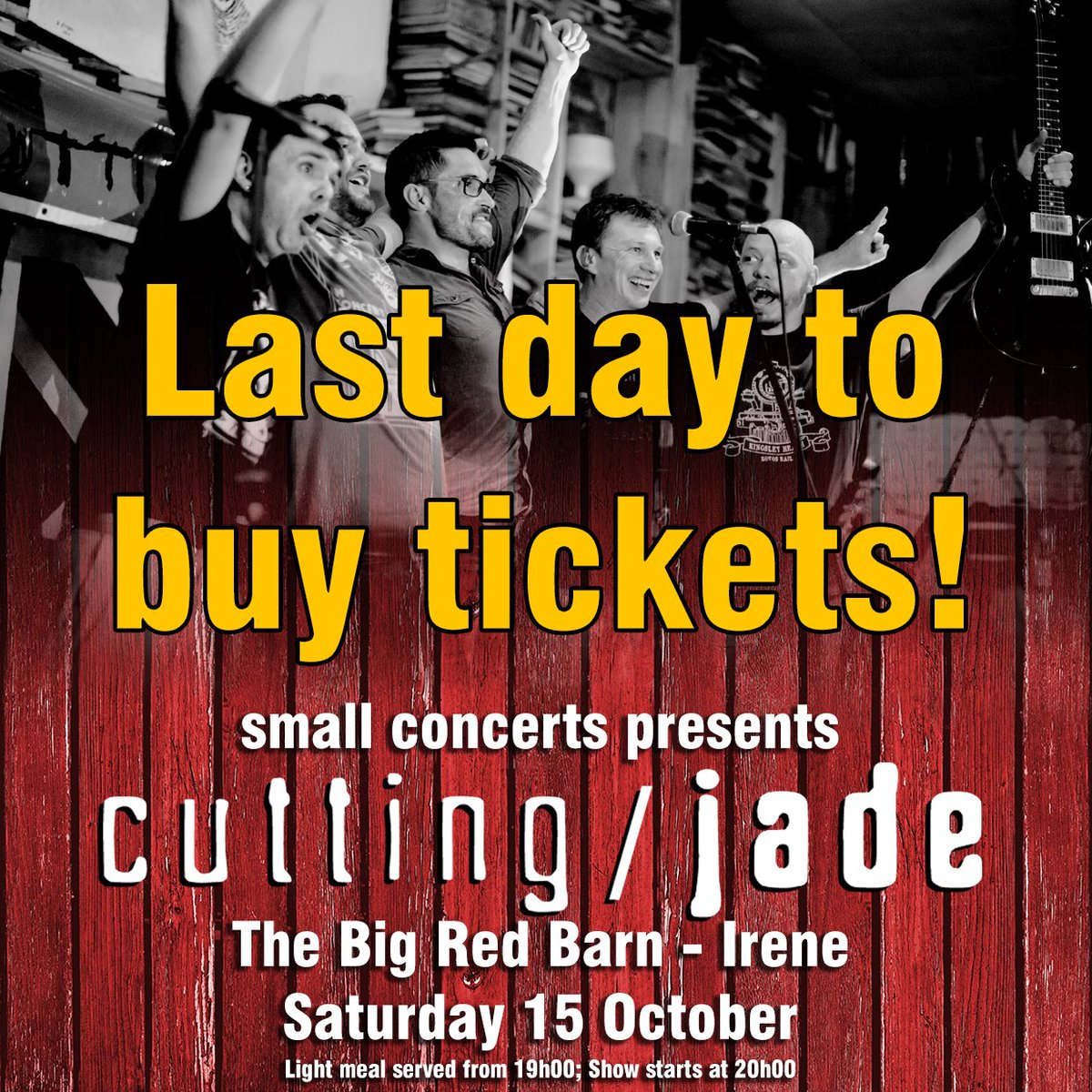 BOOKINGS CLOSE TODAY, 7 OCTOBER!
<a href="/CuttingJade/">Cutting Jade</a>  The Big Red Barn - Irene, 15 October
Tickets only available online
To book: forms.gle/pnr43xokSok7Hs…