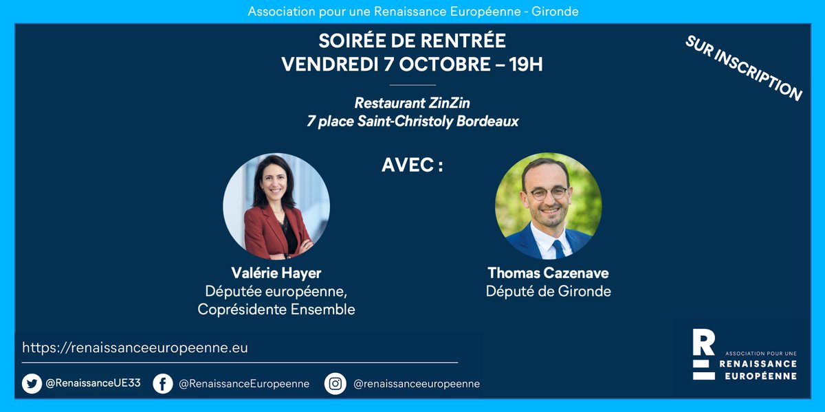 À ce soir pour notre soirée de rentrée ! 
Rendez-vous à 19h au ZinZin Place Saint Christoly #Bordeaux avec <a href="/ValerieHayer/">Valérie Hayer</a> et <a href="/T_Cazenave/">Thomas Cazenave</a> 
➡️ Pas encore inscrit? C'est par ici : bit.ly/3CbKTNc #Europe #Gironde