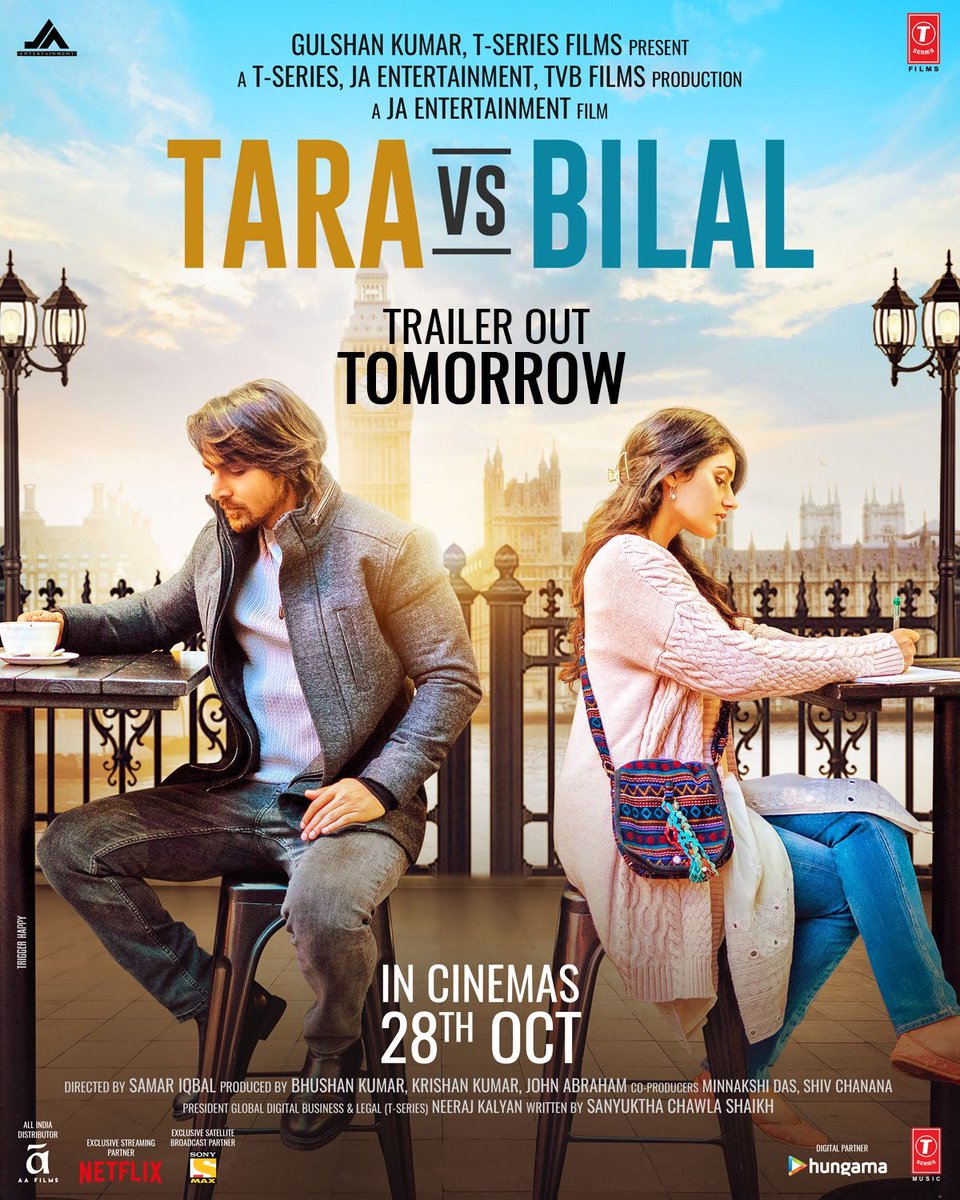 #TaraVsBilal trailer out tomorrow.In cinemas 28th October. #Harshvardhanrane @realsoniarathee #SamarIqbal @sanyukthac @TheJohnAbraham #BhushanKumar #ShivChanana @minnakshidas @NNNBeso #AmarjeetSingh #AjayArora @tuneintomanan @johnabrahament @AAFilmsIndia