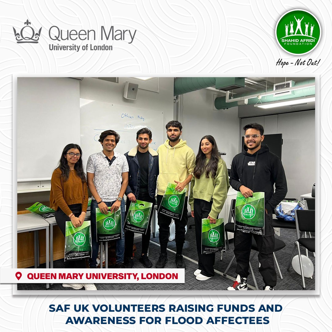 SAF UK volunteers, especially the <a href="/SAFStudentsUK/">SAF UK Student Network</a> are at the forefront of raising funds &amp; awareness about #SAF flood relief efforts. This is Queen Mary University, Pak Society raising funds for the #SAF Flood Relief Campaign &amp; ensuring #HopeNotOut for all: shahidafridifoundation.org/floodrelief