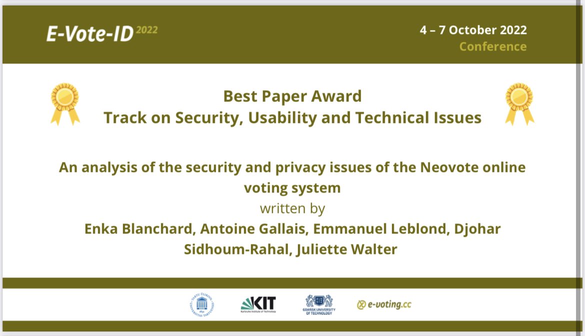 evotingcc's tweet photo. Yesterday there was one more highlight. The best paper awards per track for #EVoteID2022 were announced. Congratulations to all of you. Great job!! https://t.co/WihyHognD4