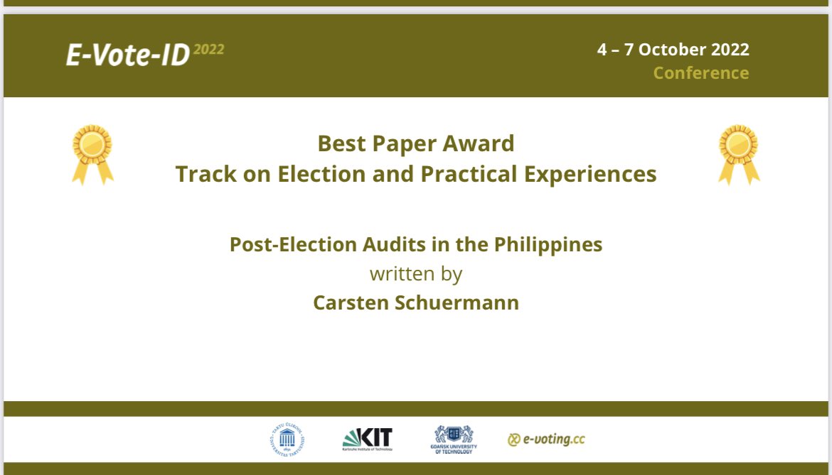 evotingcc's tweet photo. Yesterday there was one more highlight. The best paper awards per track for #EVoteID2022 were announced. Congratulations to all of you. Great job!! https://t.co/WihyHognD4