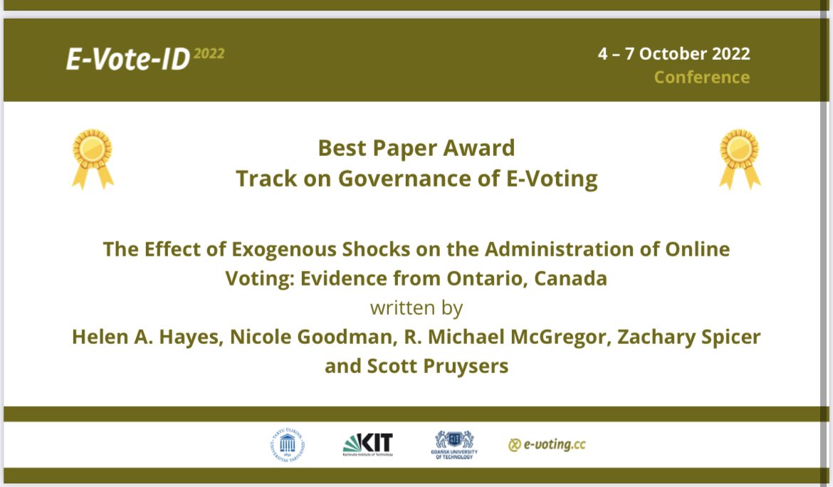 evotingcc's tweet photo. Yesterday there was one more highlight. The best paper awards per track for #EVoteID2022 were announced. Congratulations to all of you. Great job!! https://t.co/WihyHognD4